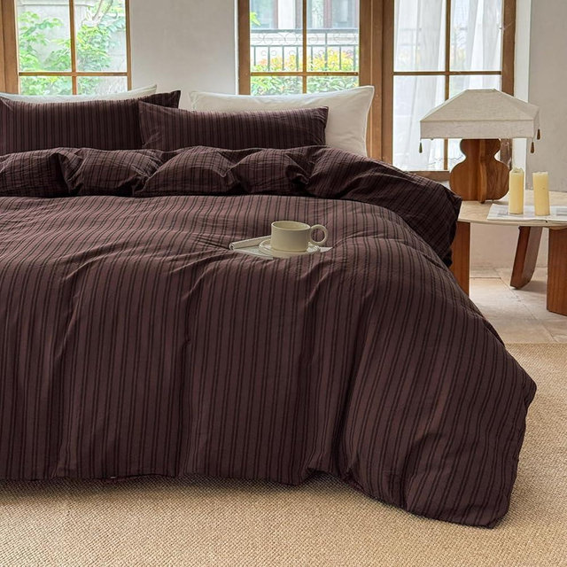 BESTDESIL Striped Duvet Cover Set 100% Washed Cotton Linen Like Soft Feelling Breathable Bedding(Pine Bark Brown/Black Strip,King)