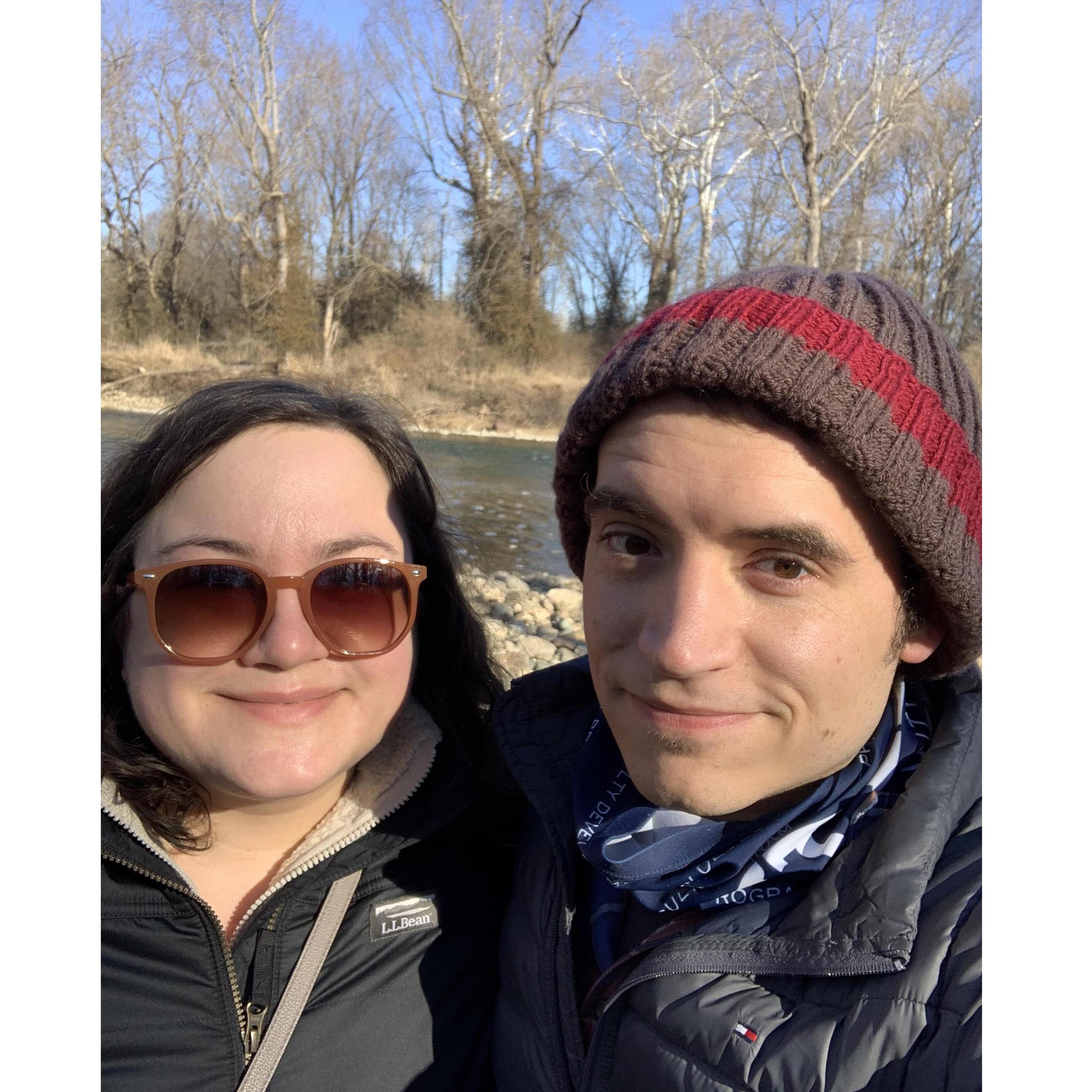 Walking near the Fairbanks Art & Nature Park after Ben proposed <3