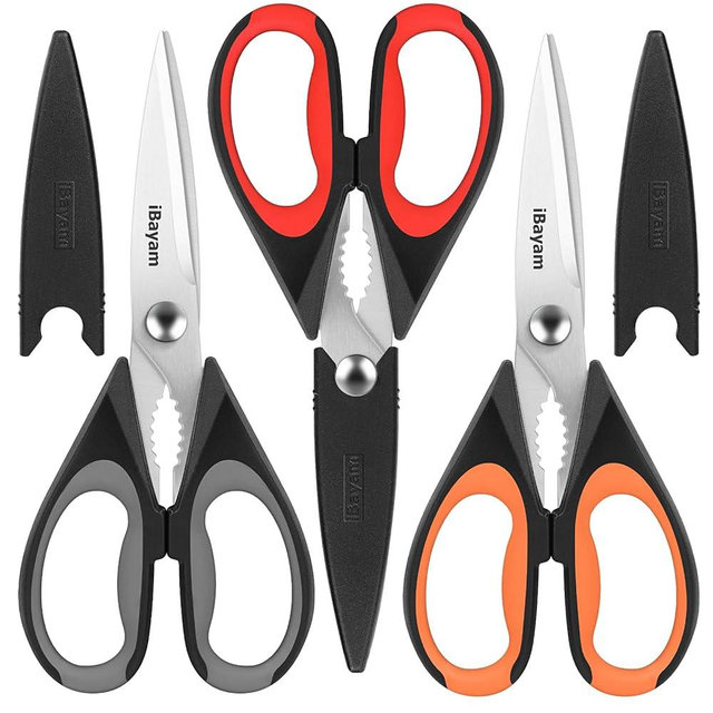 iBayam 3-Pack Kitchen Scissors All Purpose Kitchen Shears Heavy Duty Scissors with Protective Sheath for Food, 8.5" Comfort Grip Stainless Steel Dishwasher Safe Cooking Scissors, Kitchen Utensils