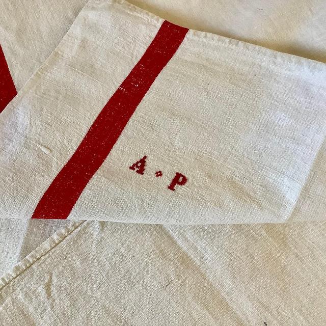 ONE Antique Vintage French Linen Torchon Tea Kitchen Towel Red Stripe Mono AP