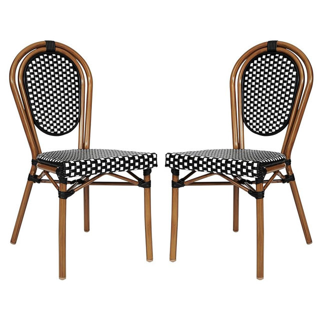 Flash Furniture Lourdes Indoor/Outdoor Commercial Thonet Bistro Stack Chair - Black/White PE Rattan Back and Seat - Natural Bamboo Print Metal Frame - 2 PK
