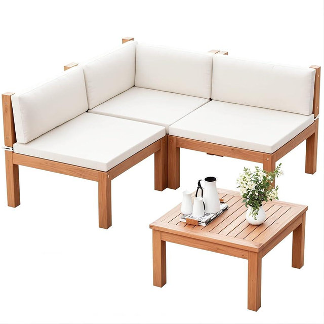 Devoko 4 Pieces Outdoor Sectional Couch Patio Sectional Sofa with Acacia Wood Coffee Table, Outdoor L-Shaped Couch with All-Weather Cushion for Patio,Deck,Backyard(White)