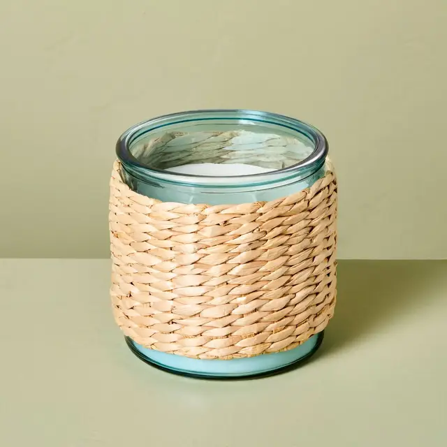2-Wick Tinted Glass Sun and Citron Rattan Wrapped Jar Candle Blue 13oz - Hearth & Hand™ with Magnolia