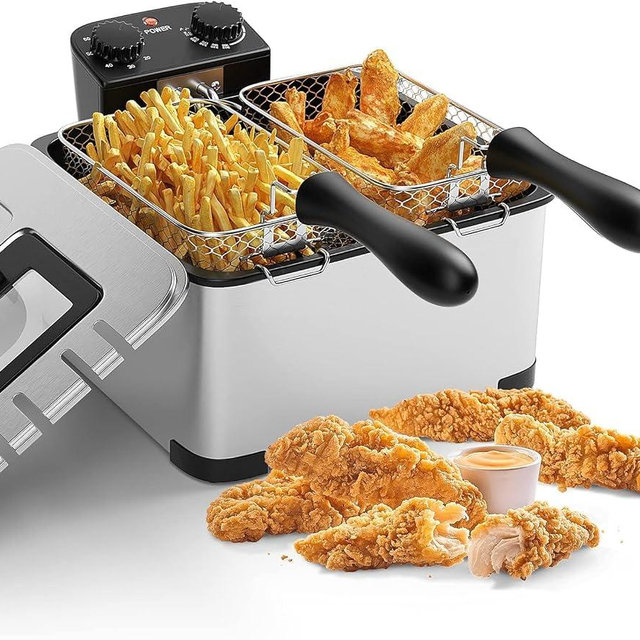 Deep Fryers with 3 Baskets - Simoe 5.3QT/21 Cup Electric Large Fryer Countertop, 1700W Stainless Steel Deep Oil Fryer with Lid, Adjustable Temperature & Timer & View Window, Professional Grade