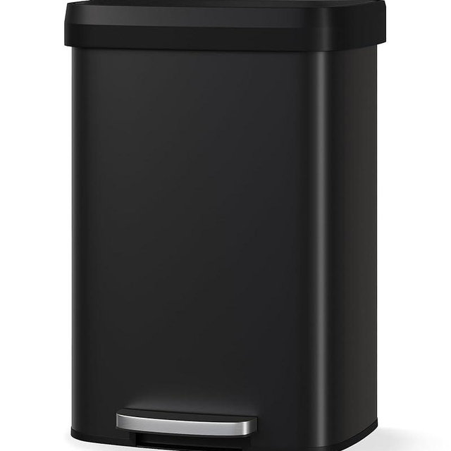 Garvee 13 gal / 50 L Metal Trash Can with Lid, Large Garbage Can for Kitchen, Rustproof Step-on Kitchen Metal Trash Bin with Liner Rim, Rear Handle, Soft Close Plastic Lid, Matte Black
