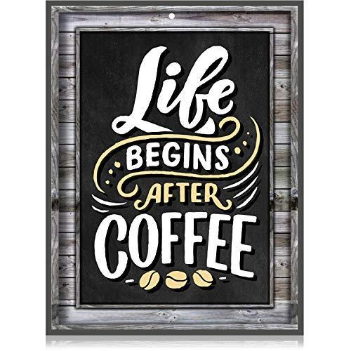 Coffee Signs Kitchen Decor - Life Begins After Coffee Wall Decor Sign - 11.75 inch x 9 inch - Rigid Thick PVC - for Home, Coffee Station, Coffee House Menu - Printed Wood Frame and Chalkboard Look