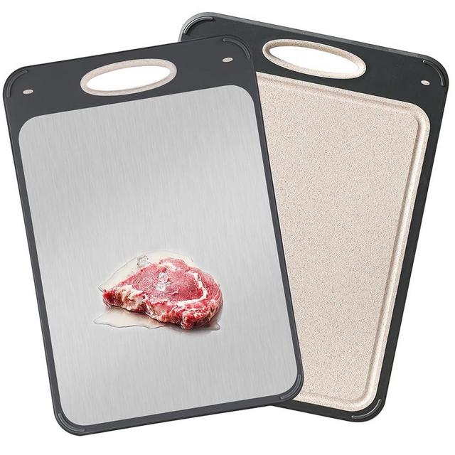 GUANCI Cutting Board for Kitchen Double Sided 304 Stainless Steel Chopping Board Food-Grade Stainless Steel and Wheat Straw PP Samll Size 14’’×9.6’’ Easy to Clean