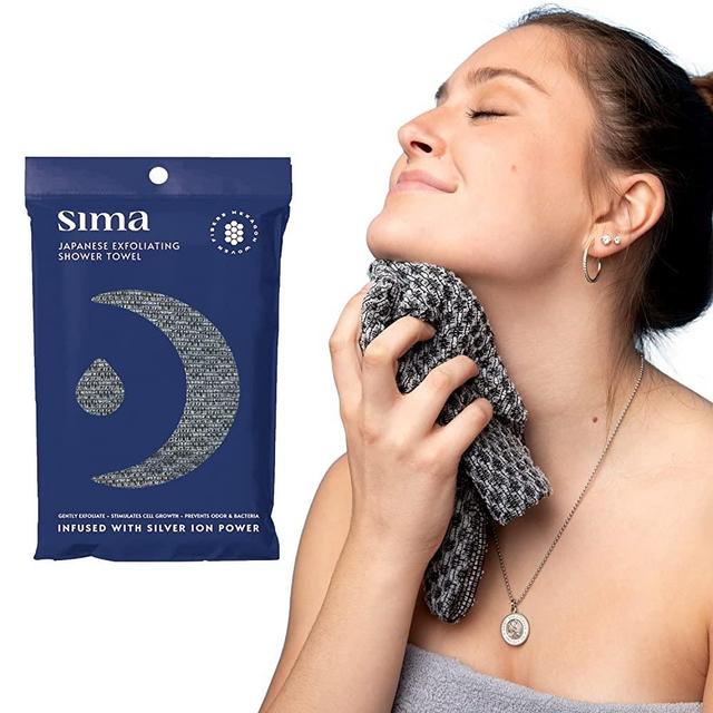 Sima Brand Exfoliating Washcloth Face & Body Scrub Towel - Japanese Exfoliating Towel with Hexagon Fibers, Exfoliating Body Scrubber with 2 Sides for Scrubbing & Washing - 1 Extra Long Towel