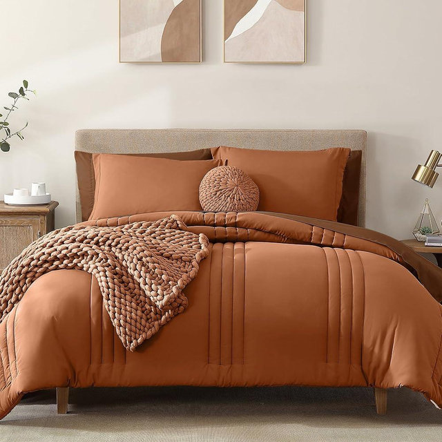 Monbix Queen Comforter Set - 7 Pieces Burnt Orange Bed in a Bag Queen Bedding Sets with Comforters, All Seasons Down Alternative Comforter Bed Set with Sheets,Pillowcases & Shams