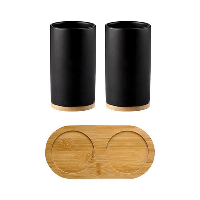 Toothbrush Holder Cup, Ceramics Tooth Brush Organizer, Nordic Style Tooth Brush Cup Set with Wooden Base and Bottle for Bathroom Space Saving(Black,Size:2 Cups+Wooden Base)
