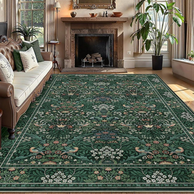 6x9 Floral Washable Area Rugs for Living Room, Vintage Boho Large Rug for Bedroom Dining Room， Distressed Botanical Birds Non Slip Low Pile Forest Throw Carpet for Farmhouse Office, Bright Green