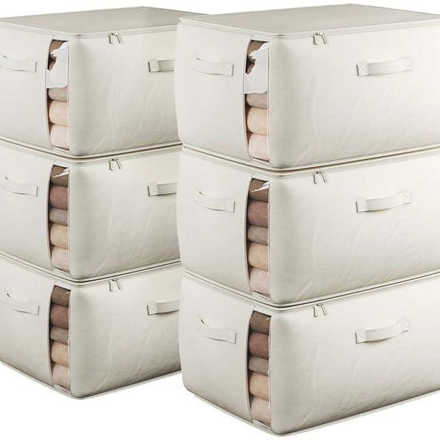 TomVista Large Canvas Clothes Storage Bags with Thick Handles and Clear Window, Foldable Cotton Linen Underbed Closet Organizer for Clothing, Blankets and Bedding, 60L, 6 Pack, Beige
