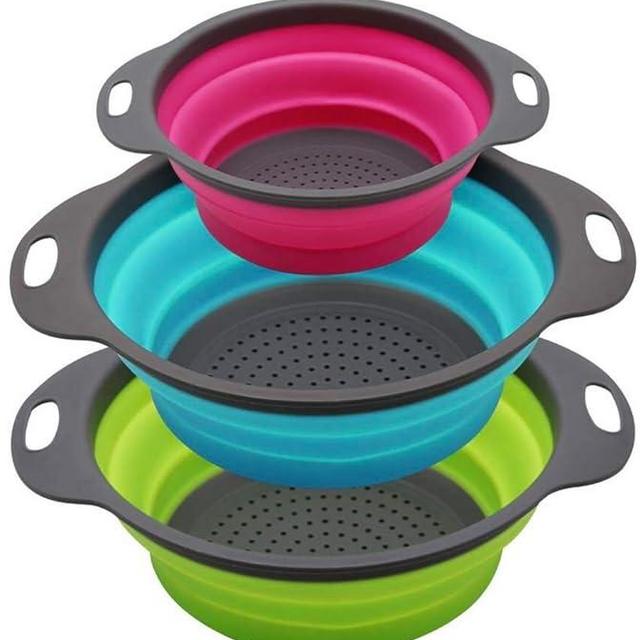 Set of 3 Niklye Ultimate Kitchen Strainers includes 1-10 inch & 2-12 inch. Collapsible Silicone Colanders For Easy Storage - Use with Pasta & Veggies or as a Fruit or Berry Bowl with Strainer.