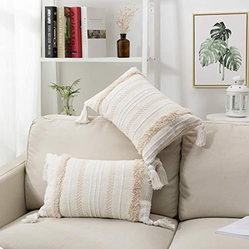 blue page Set of 2 Lumbar Small Decorative Throw Pillow Covers for Couch Sofa Bedroom Living Room, Woven Tufted Boho Cushion Cover, Oblong Accent Pillow Cases with Tassels (12X20 inch, Cream)