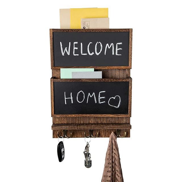 Rustic 2-Slot Mail Sorter Organizer for Wall with Chalkboard Surface & 3 Double Key Hooks - Wooden Wall Mount Mail Holder Organizer – Wall Décor for Entryway Made of Paulownia Wood - Rustic Brown