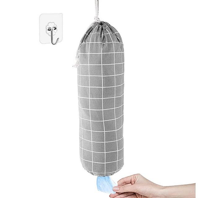Plastic Bag Holder, Wall Mount Plastic Bag Organizer, Shopping Bags Carrier, Washable Large Grocery Bag Storage Dispenser ​for Home Kitchen Travelling, Free Adjustment with Drawstring (Check Gray)
