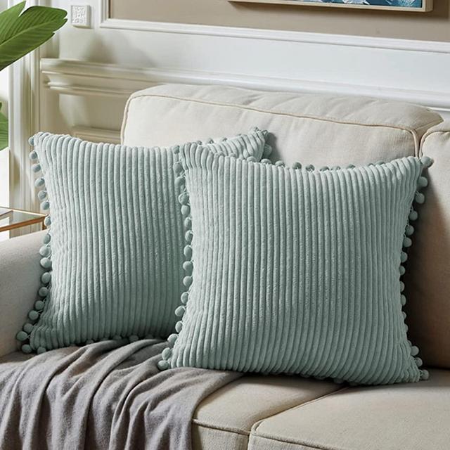 Fancy Homi Pack of 2 Farmhouse Decorative Throw Pillow Covers with Pom-poms, Soft Corduroy Solid Square Cushion Cases Set for Couch Sofa Bedroom Car Living Room (18x18 Inch/45x45 cm, Grey Blue)