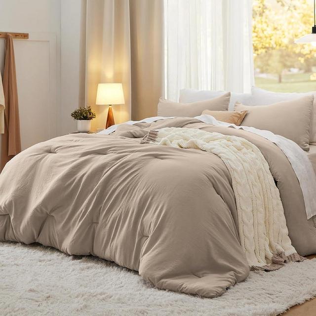 Bedsure Queen Size Comforter Sets, Khaki Soft Prewashed Bed Comforter for All Seasons, 3 Pieces Warm Bedding Sets, 1 Lightweight Comforter (90"x90") and 2 Pillowcases (20"x26")