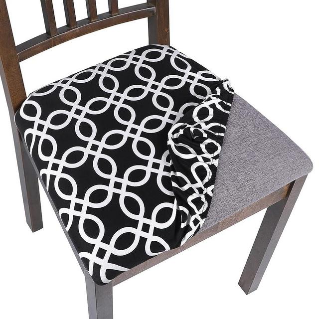 SearchI Seat Covers for Dining Room Chairs Stretch Printed Chair Seat Covers Set of 4, Removable Washable Upholstered Chair Seat Protector Cushion Slipcovers for Kitchen, Office(Black)