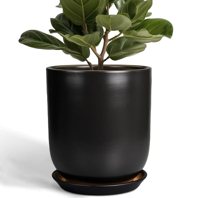 SUNPOTFOR Ceramic Planter 10 Inch - Ceramic Pot for Indoor Plants Outdoor Plant Pot with Drainage Hole and Saucer Cylinder Flower Pot Black