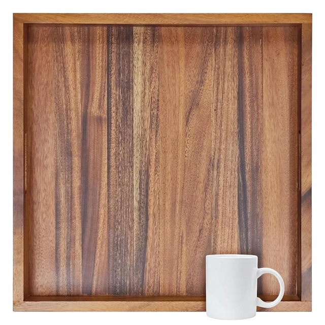 22x22Inches Walnut Wooden Ottoman Tray with Handles,Square Coffee Table Serving Tray for Home Decor,Couch Table for Party,Patio Breakfast Trays for Bed no Legs