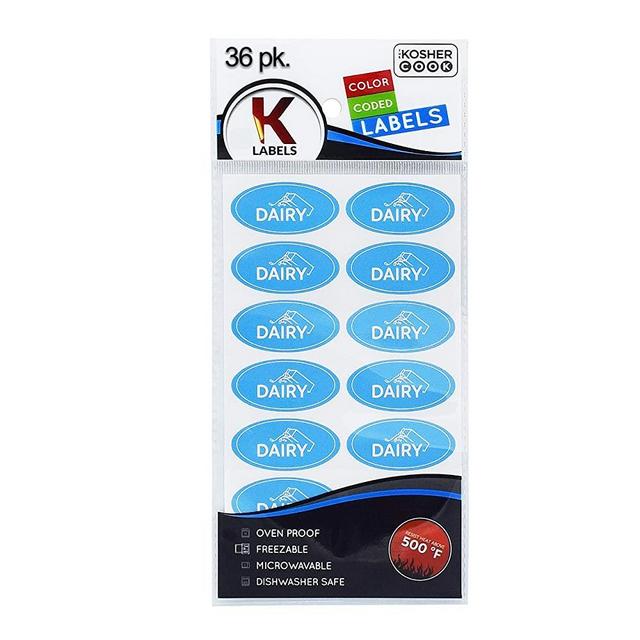 36 Dairy Blue Kosher Labels – Oven Proof up to 500°, Freezable, Microwavable, Dishwasher Safe, English – Color Coded Kitchen Stickers by The Kosher Cook