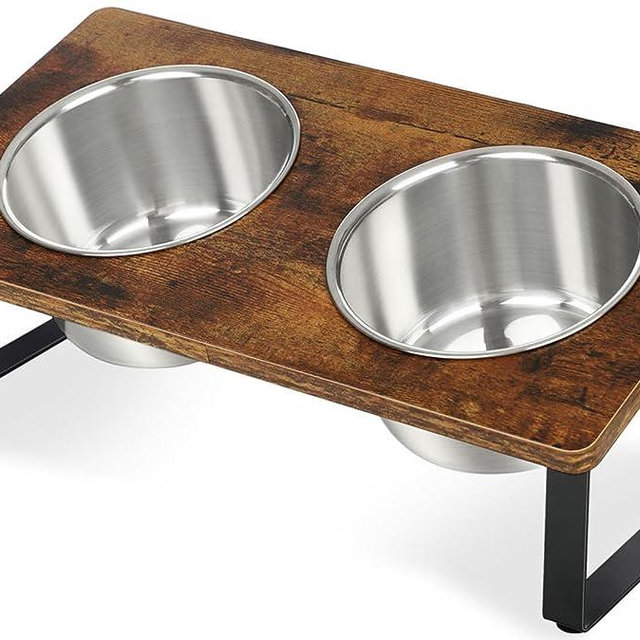 KEVIDEAWL Elevated Dog Bowls for Small Medium Dogs, Wood Raised Dog Bowl Stand with 2 Stainless Steel Deep Bowls, Dog Food and Water Bowls, Anti Vomit, Non-Slip Dogs Cats Feeding Dishes