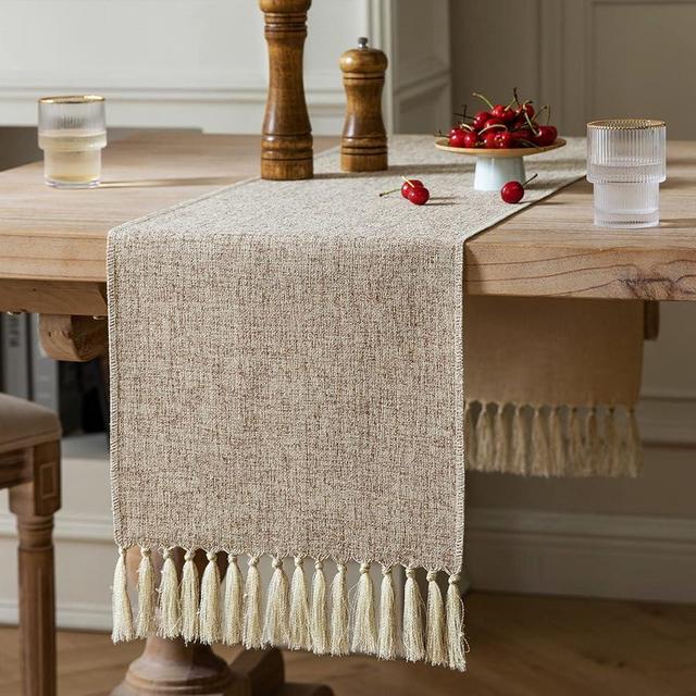 ZeeMart Beige Table Runners 60 Inches Long, Burlap Linen Style Rustic Farmhouse Table Runner, Boho Woven Dining Table Runner, 13x60 Inches, Oatmeal Beige