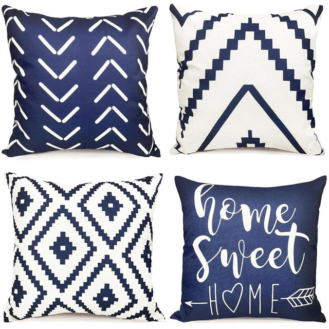 RYSMIYOU Decorative Throw Pillow Covers 18x18 inch Set of 4 Blue Pillow Covers for Couch Sofa Bed Living Room,Farmhouse Outdoor Throw Pillow Cover,Modern Geometric Linen Square Throw Pillow Cases
