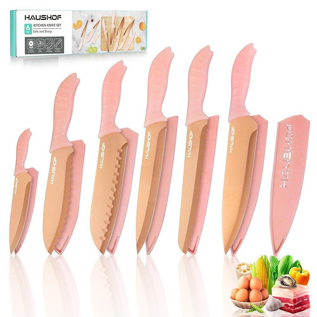 HAUSHOF Kitchen Knife Set, 12-Piece Pink Knife Set with 6 Blade Guards, Non-Stick Coated Stainless Steel Blades for Slicing, Dicing&Cutting, Gifts Knife Set for Dad, Mom, Husband and Wife