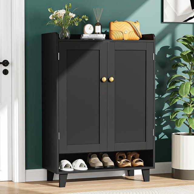 Honsiva Flat-Shelf Shoe Cabinet with Doors，6-Tier Shoes Storage Cabinet with Adjustable Shelves，Wooden Shoe Rack Shoes Storage Organizer Cabinets for Entryway, Hallway, Living Room（Black）