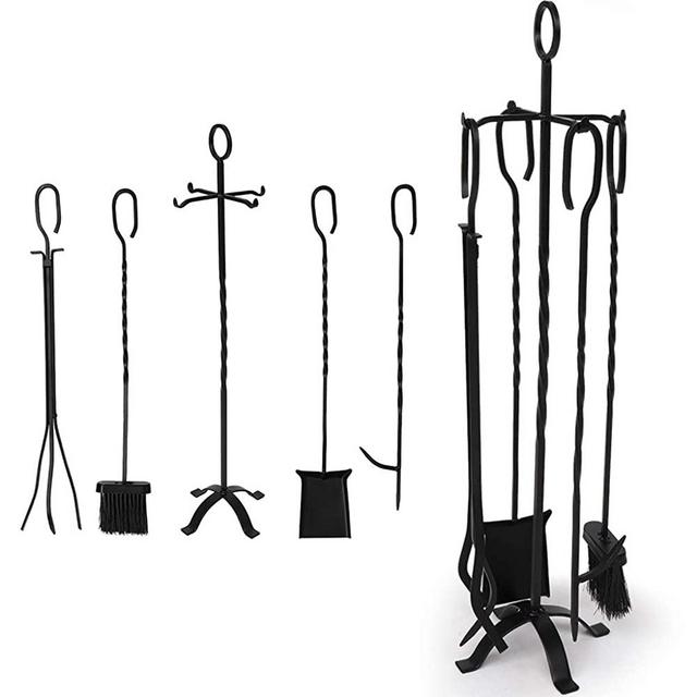 PIFRIT Modern Fireplace Tools Kit Sets Black Rustic Indoor Outdoor Wrought Iron Firewood Toolset Fireplace Accessories, Fireplace Tools Sets with Decor Holder, Poker, Shovel, Tongs, Brush (31 inches)