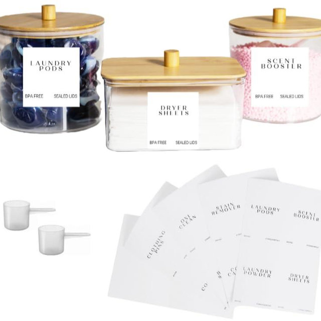 Set of 3 Large Airtight Laundry Containers for Organizing - Dryer Sheet Holder & Laundry Jars with Lids, Labels & Scoops - Acrylic Laundry Storage Containers for Powder, Pods, Detergent, Scent Booster