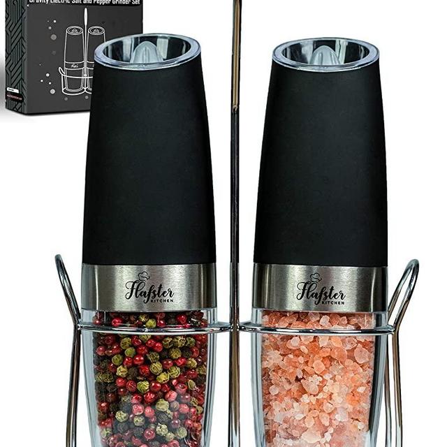 Gravity Electric Salt and Pepper Grinder Set - Electric Mills with Adjustable Coarseness - Automatic Salt and Pepper Grinders with White LED Light - Stainless Steel Battery Operated Grinders