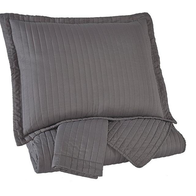 Signature Design by Ashley Raleda Contemporary Channel Stitched Coverlet with 2 Pillow Shams Set, King, Gray