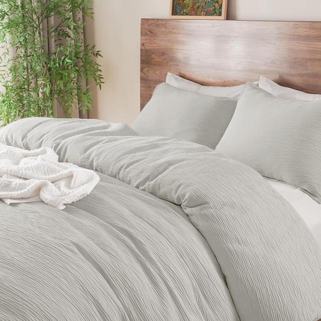 PHF Crinkle Comforter Set King Size, Breathable & Soft Cozy Bedding Sets for All Seasons, 3PCS, 1 Warm Lightweight Fluffy Comfy Like Muslin Comforter (104"x90"), 2 Pillow Shams(20"x36"), Grey