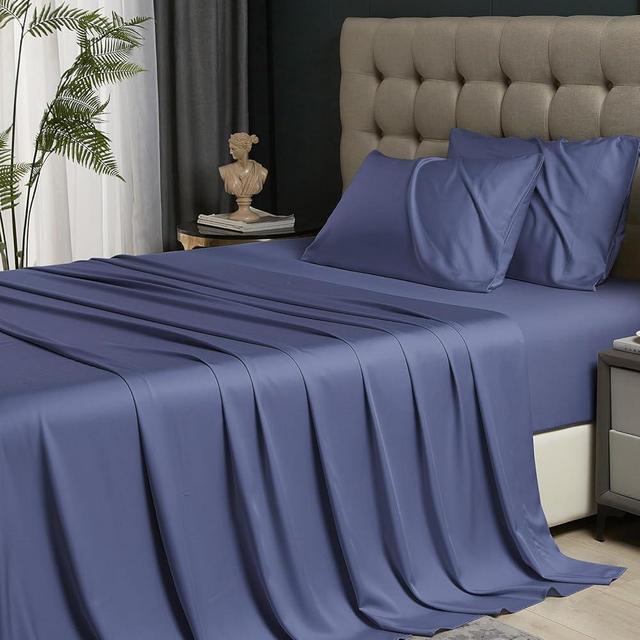 HYPREST Silky Soft Sheets Rayon Derived from Bamboo, King Sheet Deep Pocket Fits 18"-24" Thick Mattress, Blue Sheets Luxury Bed Cool Sheets for Hot Sleepers