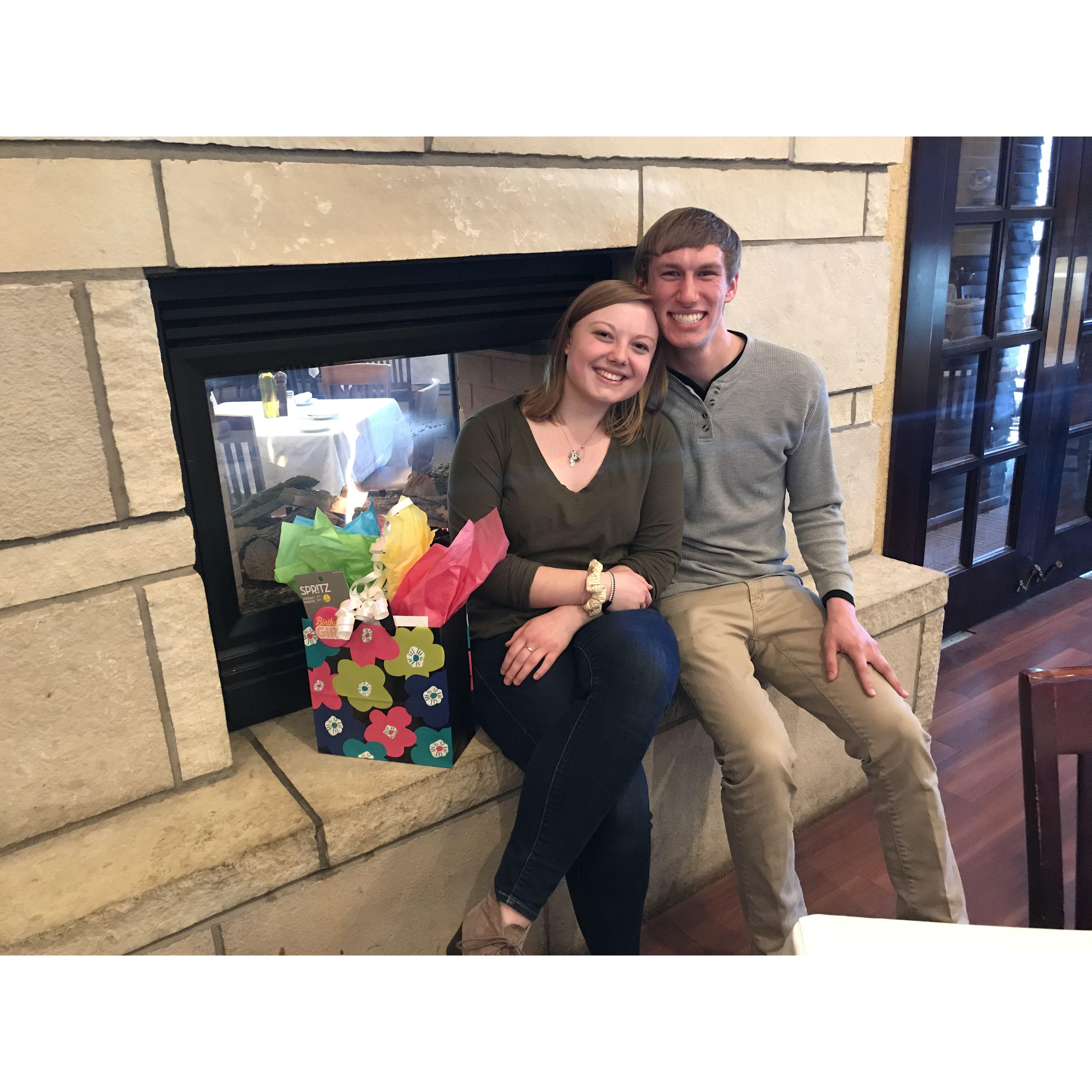 Celebrating Kayla's 20th birthday at Biaggi's in Davenport, IA. Not pictured are Kayla's parents and brother, but her mom insisted on taking a cute photo of us. Glad she did because it's a classic.