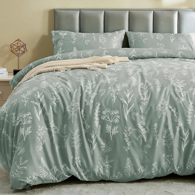 MUXHOMO Duvet Cover Queen Size, Reversible Floral Green Duvet Cover Set with Zipper Closure, 3 Pieces Botanical Patterns Soft Microfiber Bedding Set with 4 Ties (90"x90", 2 Pillow Cases)