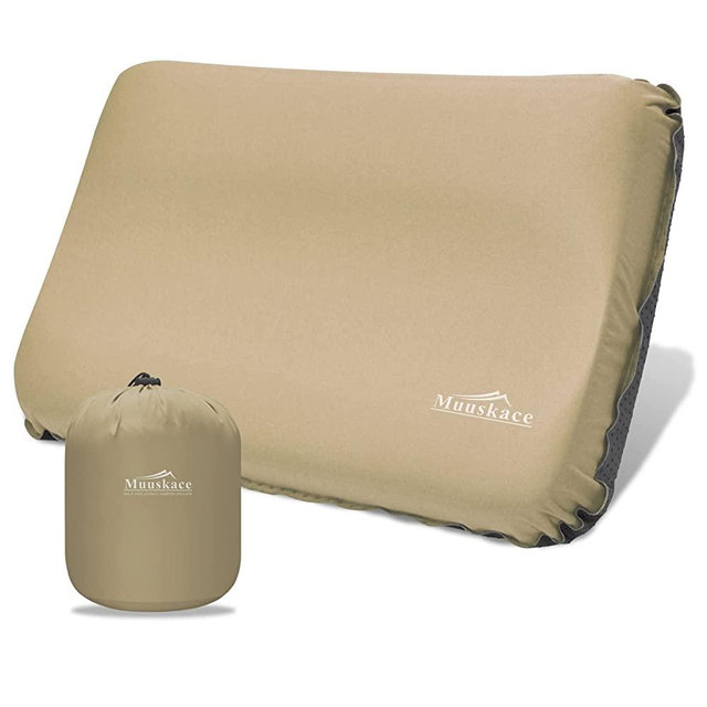 Self-Inflating Camping Pillow, Travel Pillow, Camp Pillow with Ergonomic Support, Compressible Portable Backpacking Pillow, Compact Hiking Pillow, Camping Accessories(Khaki)