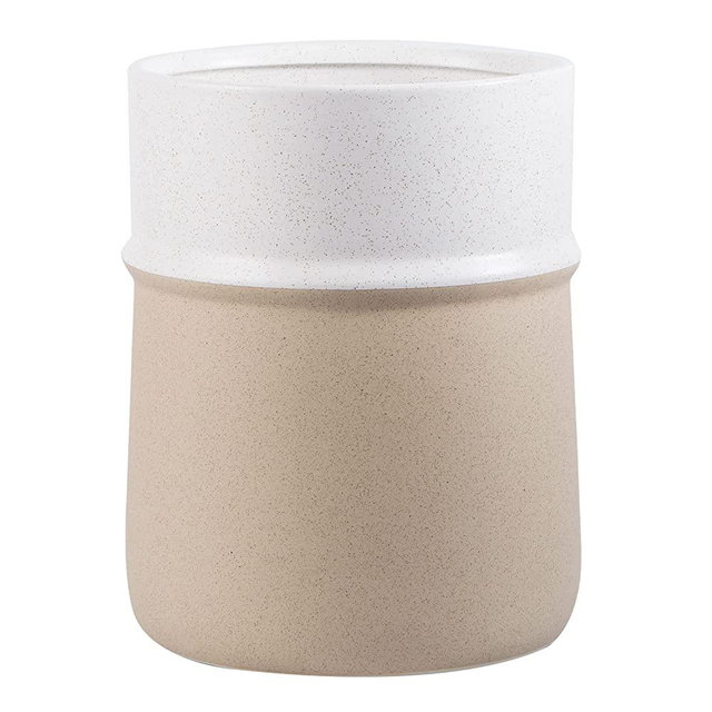 Decorative Round Small Trash Can Wastebasket, Garbage Container Bin for Bathrooms, Powder Rooms, Kitchens, Home Offices - Sand Glaze Non-Slip Design ,Beige
