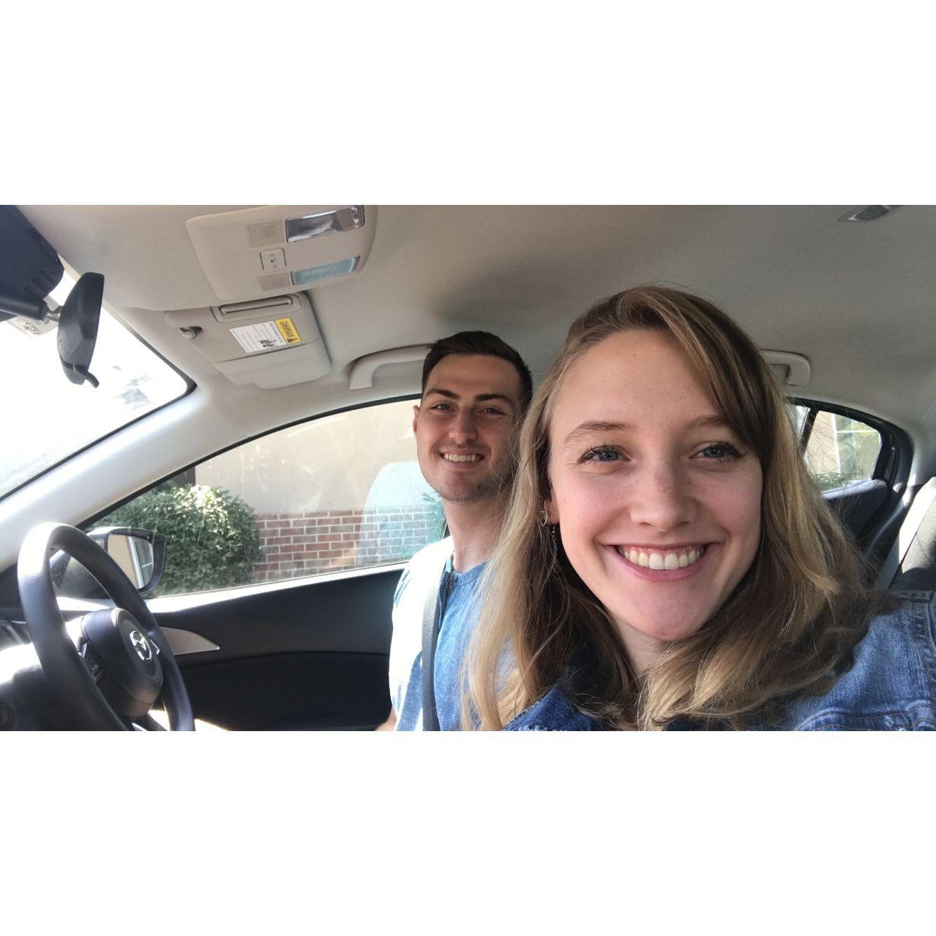 In the drive thru at Dunkin Donuts, right before we went and adopted our dog, Duncan.