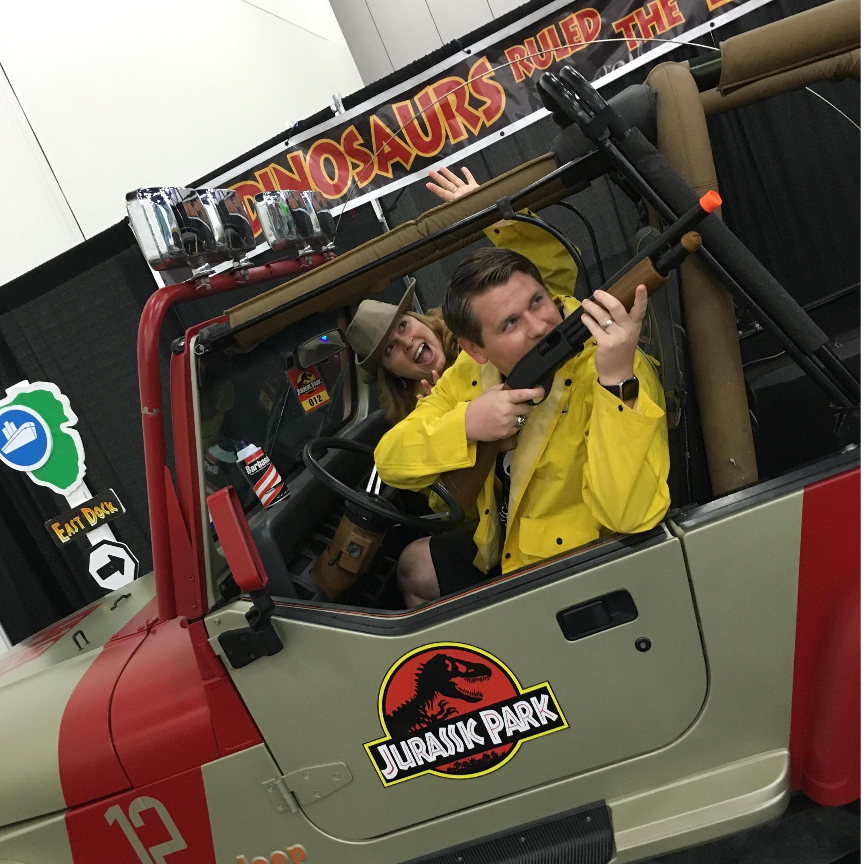 At an Anime Con, John's favorite thing! He saved us from T-Rex!