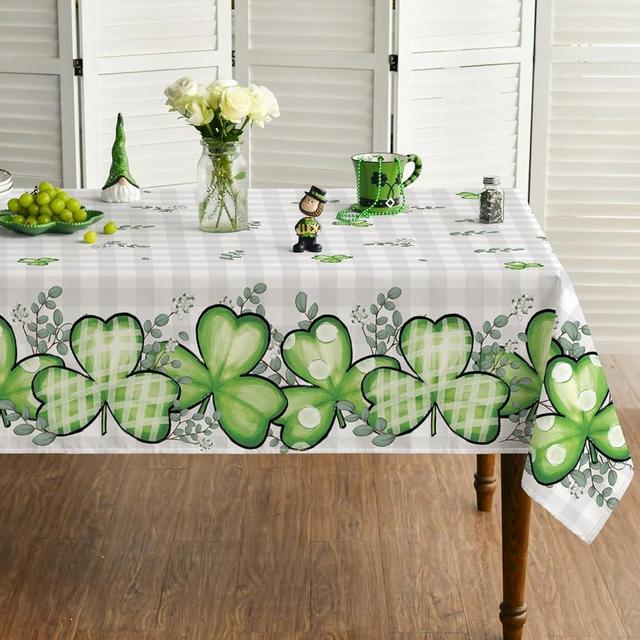 Horaldaily St. Patrick's Day Rectangular Tablecloth 60×120 Inch, Buffalo Plaid Shamrock Eucalyptus Washable Table Cover for Party Picnic Dinner Decor