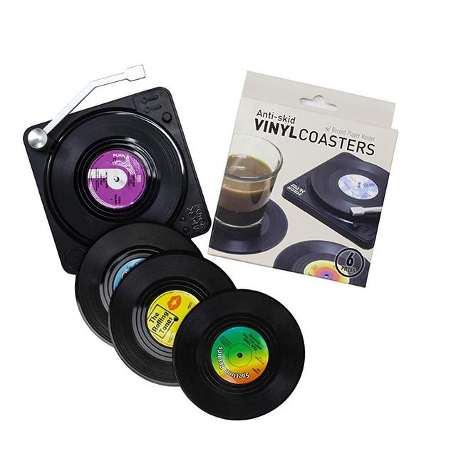 ELVEDO Vinyl Coasters with Holder Vinyl Records Coasters Retro Coasters for Drinks Funny Coasters Music Coasters Cool Coaster Black Coaster Set of 6 Coasters for Home/Office/Bar