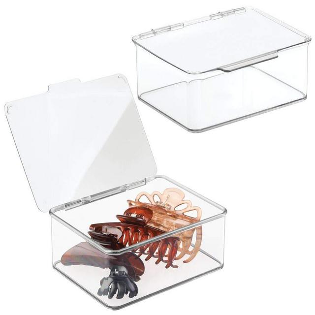 mDesign Plastic Stackable Bathroom Vanity Countertop Storage Cosmetic Organizer Box with Hinged Lid for Makeup, Beauty, Hair, Nail Supplies, 2 Pack - Clear