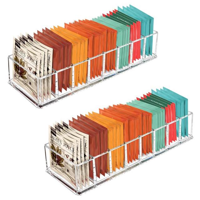 Tasybox Tea Bag Organizer, Clear Acrylic Tea Bag Holder, Tea Packet Storage for Drawer, Pantry, Kitchen, Cabinet, Countertop, 2 Pack
