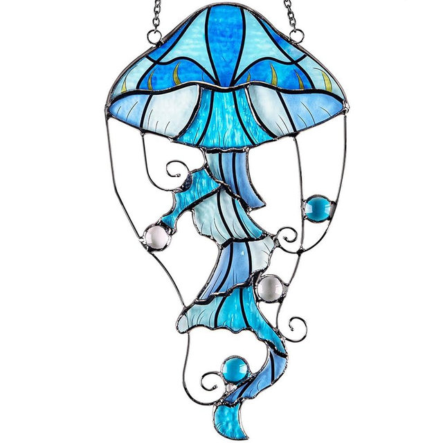 Jellyfish Stained Glass Window Hanging, Ocean Sea Life Sun Catchers Indoor Panel, Nautical Suncatcher Decor for Home, Wall, Garden, Coastal Ornament Gift for Women, Beach Lovers