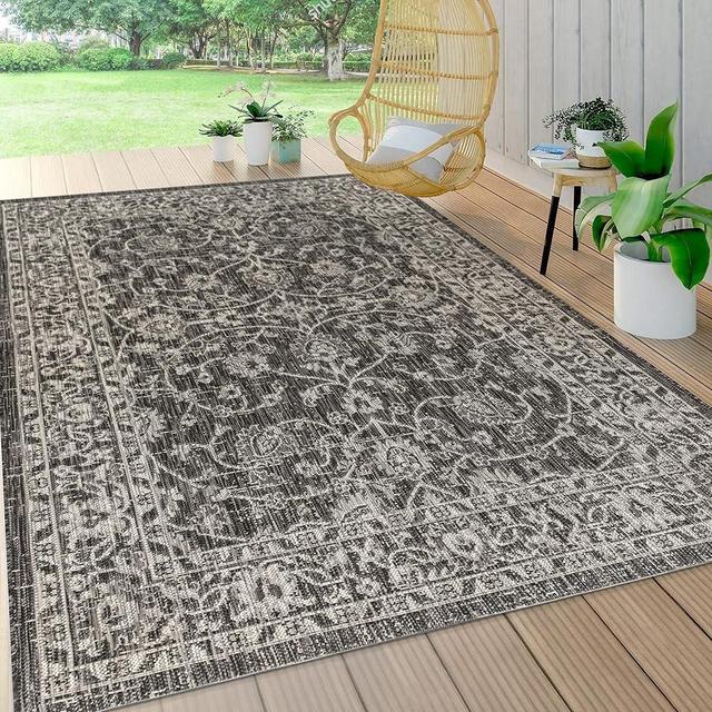 JONATHAN Y SMB103C-8 Palazzo Vine and Border Textured Weave Indoor Outdoor Area Rug Coastal Bohemian Rustic Glam Easy Cleaning Bedroom Kitchen Backyard Patio Non Shedding, 8 X 10, Black/Gray