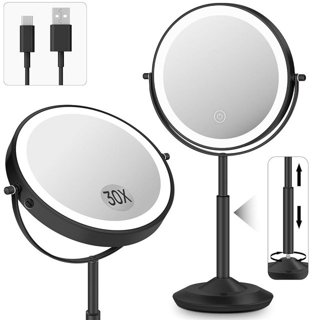 vpu Makeup Mirror with Lights, 1X/30X Lighted Magnifying Mirror Height Adjustable, 3000mAh Rechargeable Double Sided Vanity Mirrors with 3 LED Lighting and Adjustable Brightness for Desk Women Gift